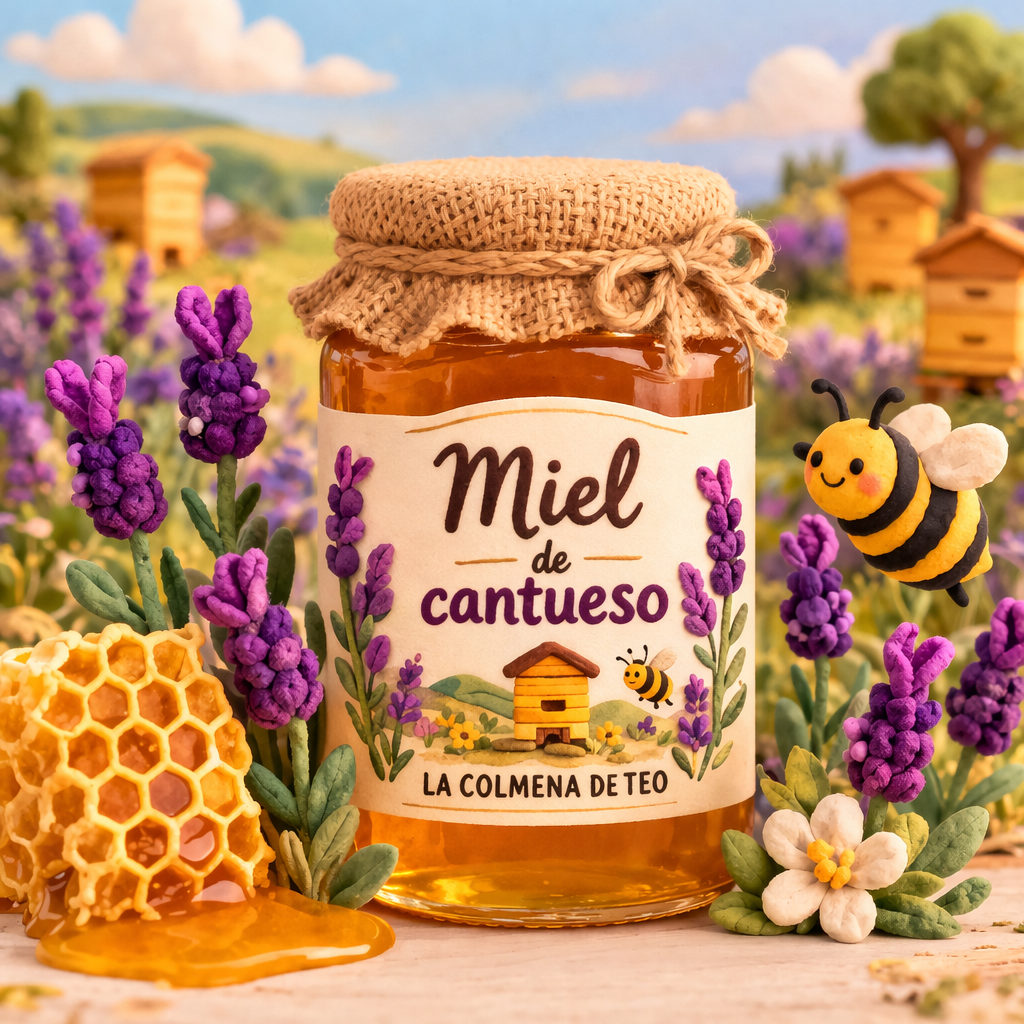 Miel de cantueso cruda con flores de cantueso ilustración plastilina La Colmena de Teo