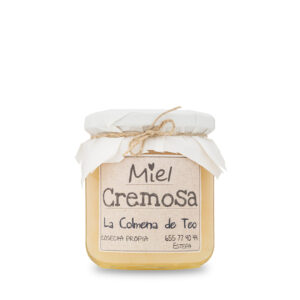 Tarro de miel cremosa artesanal de La Colmena de Teo, textura untuosa y 100% pura