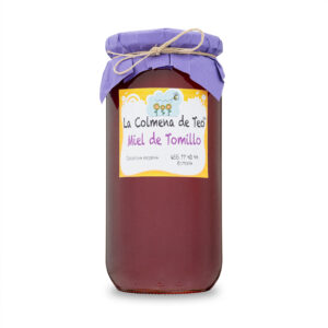Miel de tomillo cruda y sin filtrar de La Colmena de Teo en tarro de cristal, recolectada en monte mediterráneo