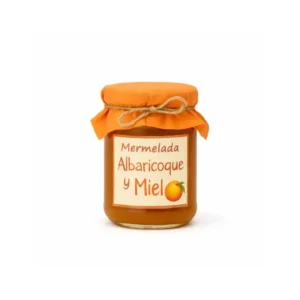Tarro de mermelada de albaricoque y miel artesanal con tapa de tela naranja y etiqueta vintage - La Colmena de Teo