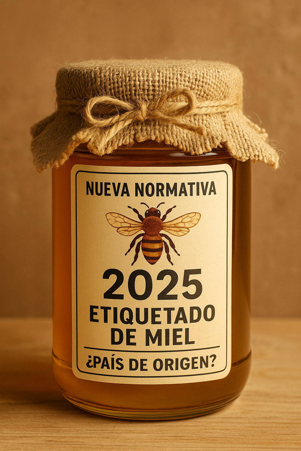 Tarro de miel con etiqueta que destaca la nueva normativa de 2025 sobre el origen de la miel