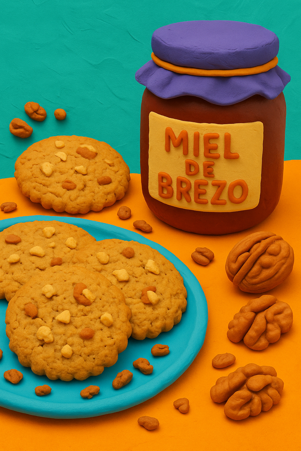 Galletas de avena con miel de brezo y nueces sobre plato azul en estilo plastilina