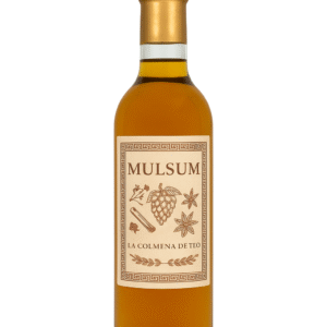 Botella de Mulsum artesanal con etiqueta clásica y tapón dorado - La Colmena de Teo