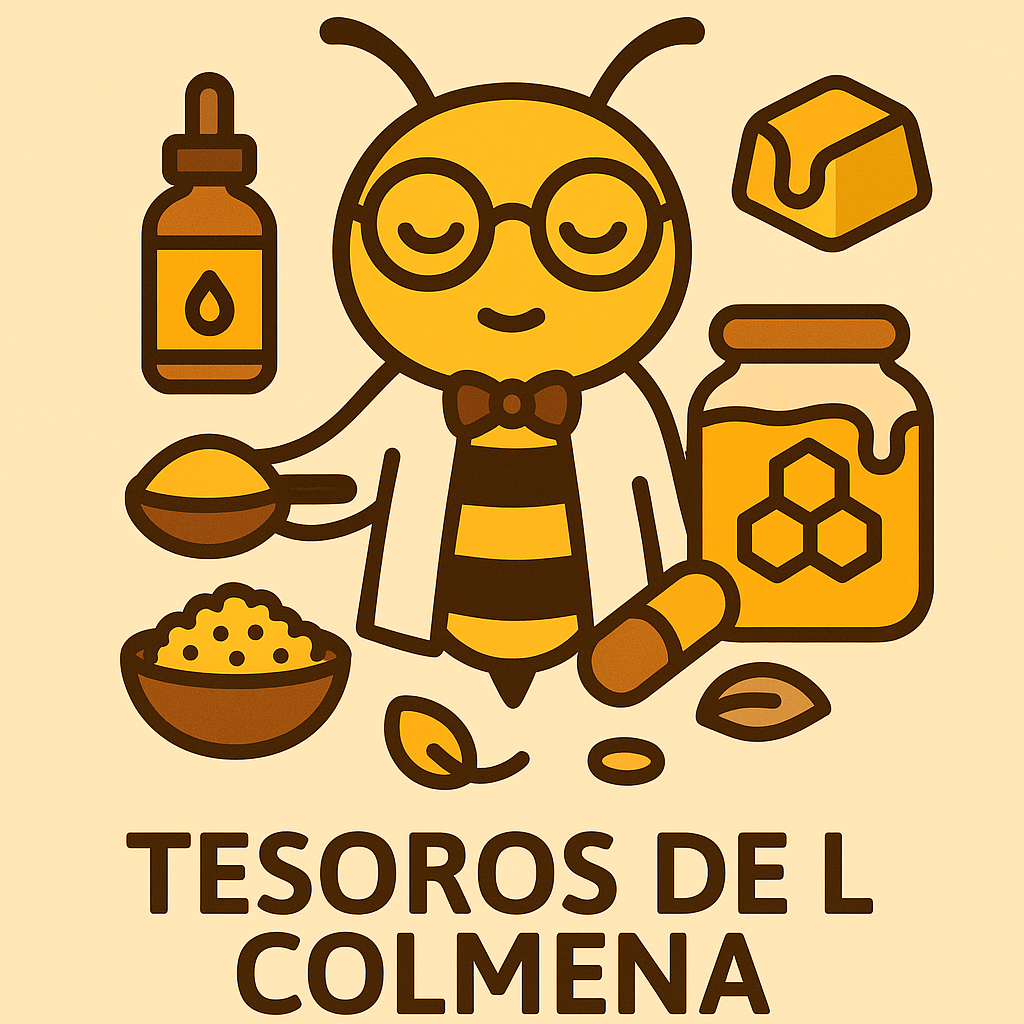 Pictograma Tesoros de la colmena como remedio Ilustración de abeja sabia rodeada de miel, polen, propóleo, cera y jalea real, representando remedios naturales de la colmena