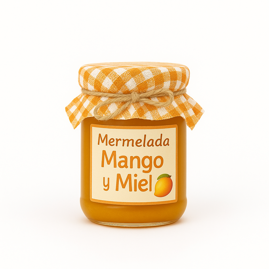 Mermelada de mango y miel artesanal en tarro con tela vichy naranja y etiqueta de La Colmena de Teo