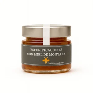 Esferificaciones de miel de montaña de La Colmena de Teo en tarro de cristal