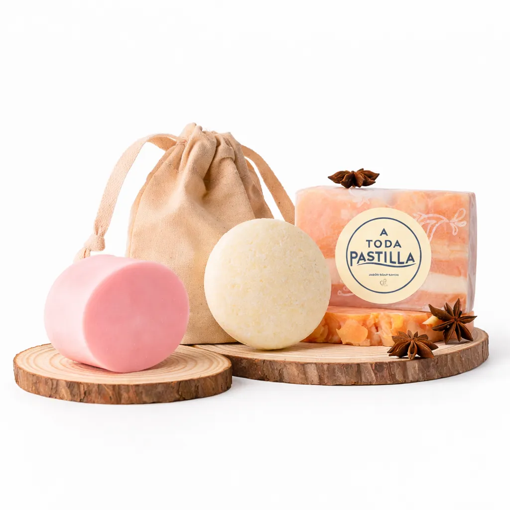 Pack Fuerza de cosmética sólida: champú sólido Fuerza y Salud, acondicionador sólido Fuerza y jabón miel y propóleo (A Toda Pastilla)