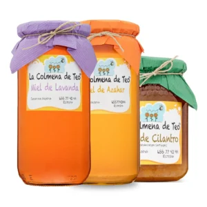 Pack miel floral de La Colmena de Teo con miel de azahar, lavanda y cilantro crudas y sin filtrar