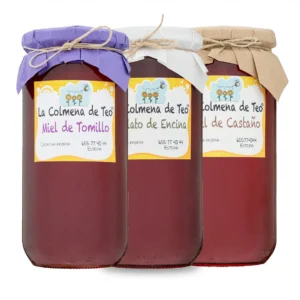 Pack miel intensa de La Colmena de Teo con miel de castaño, encina y tomillo crudas y sin filtrar