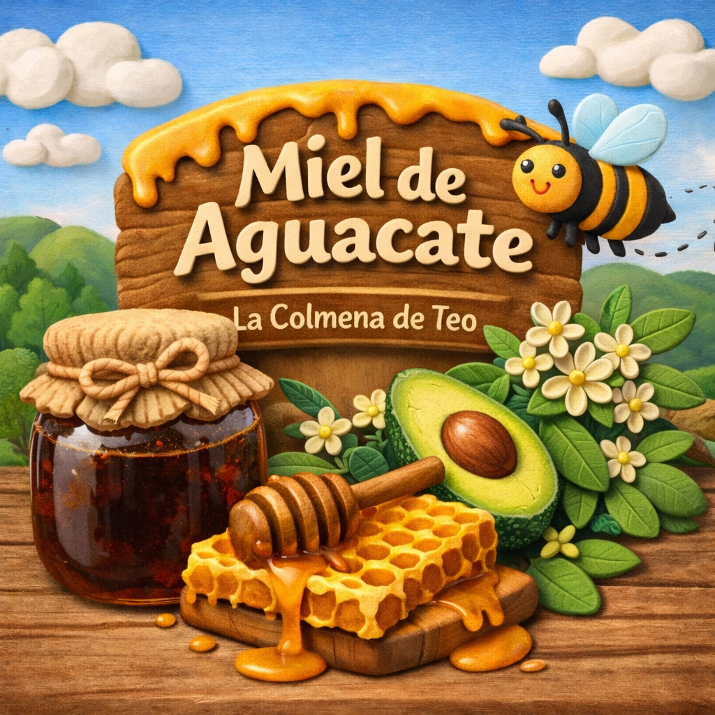 Miel de aguacate cruda con aguacate y panal ilustración estilo plastilina La Colmena de Teo