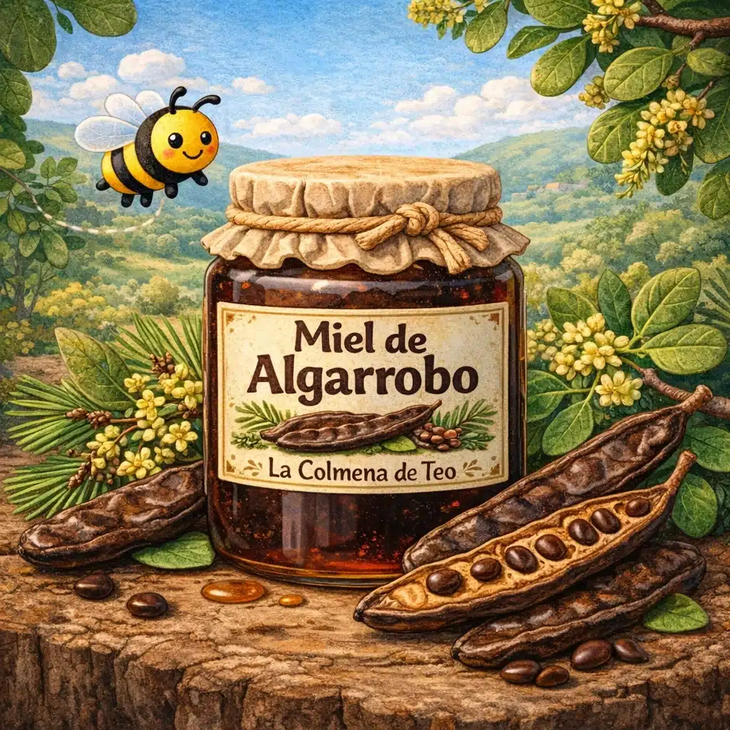 miel de algarrobo cruda con vainas de algarrobo ilustracion plastilina la colmena de teo