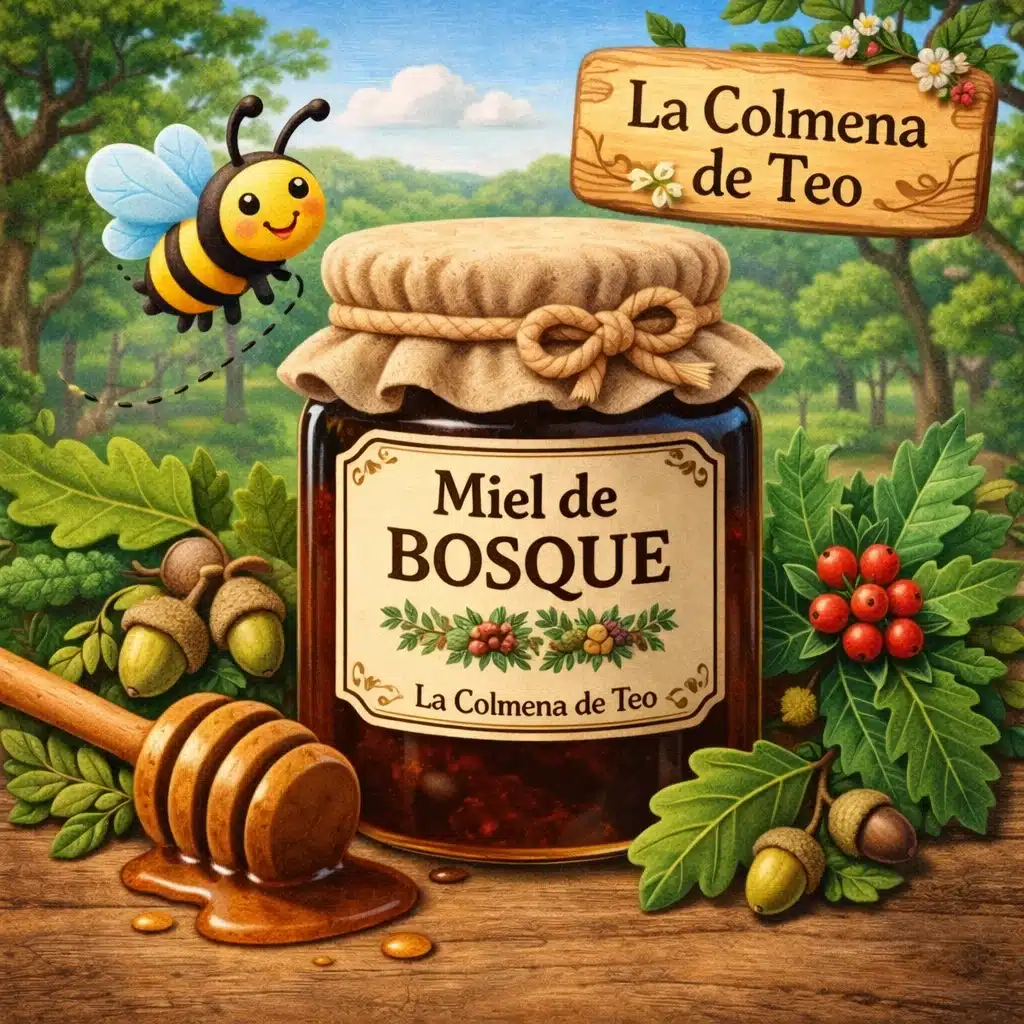 miel de bosque cruda con hojas y bellotas ilustracion plastilina la colmena de teo