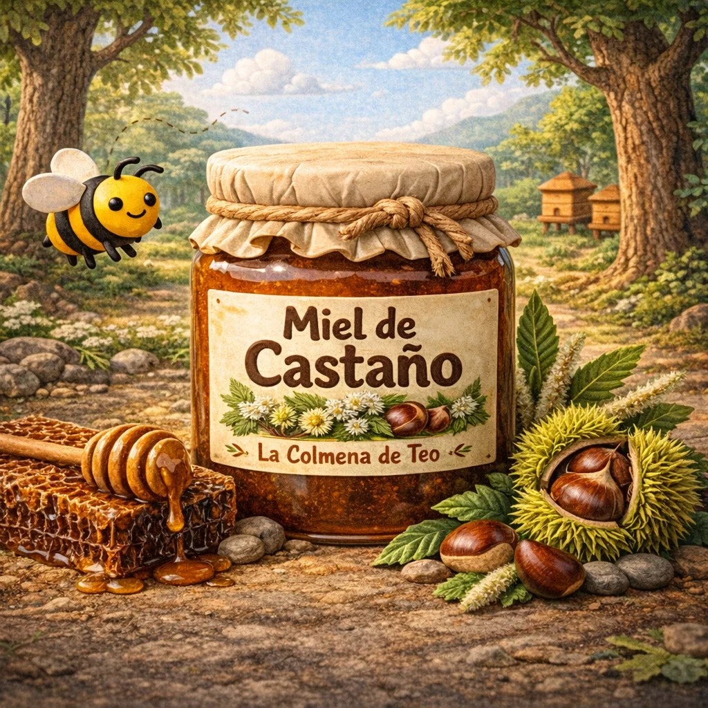 Miel de castaño cruda con castañas y erizos de castaño ilustración estilo plastilina La Colmena de Teo