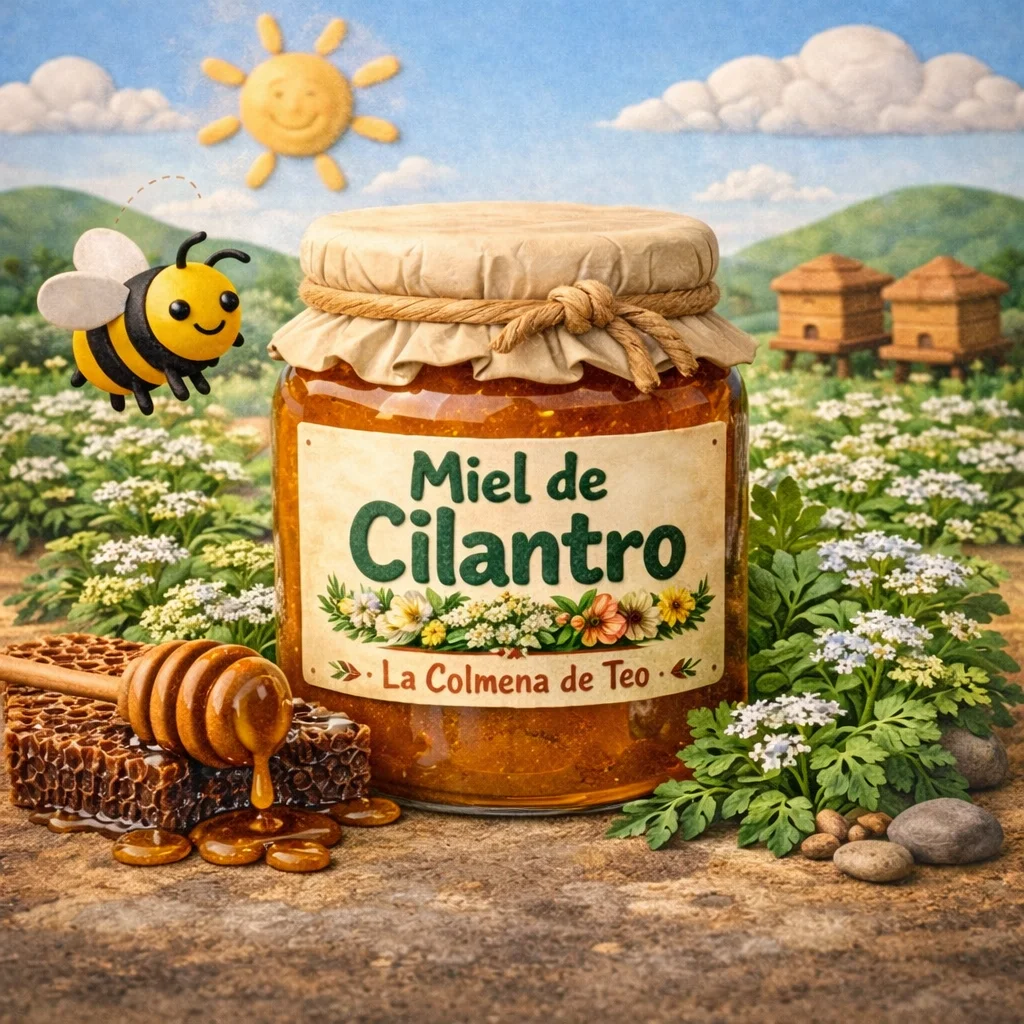 Miel de cilantro cruda con flores de cilantro ilustración estilo plastilina La Colmena de Teo