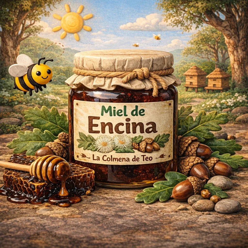 Miel de encina cruda con hojas y bellotas de encina ilustración estilo plastilina La Colmena de Teo