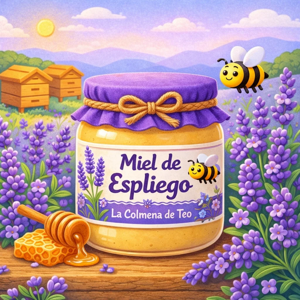 miel de espliego cruda con flores de lavanda ilustracion plastilina abeja colmena de teo