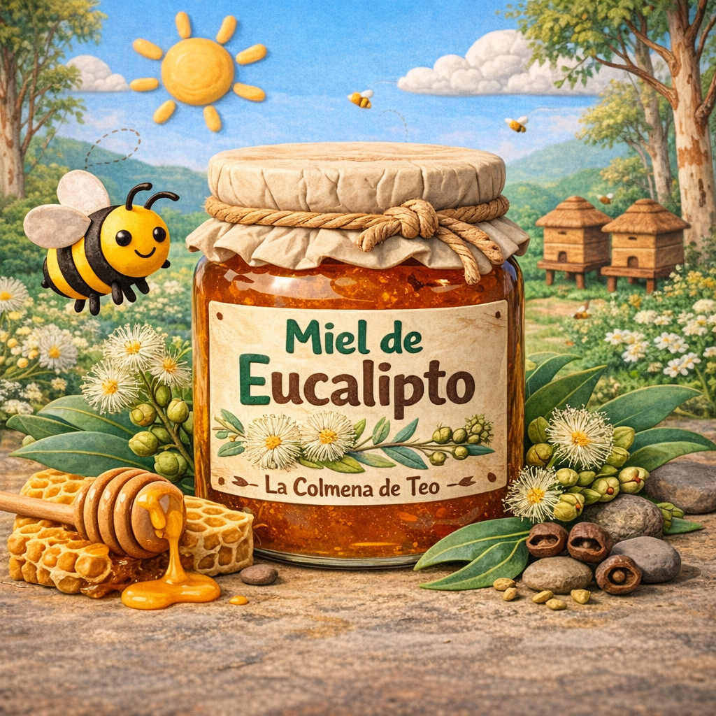 Miel de eucalipto cruda con hojas y flores de eucalipto ilustración estilo plastilina La Colmena de Teo