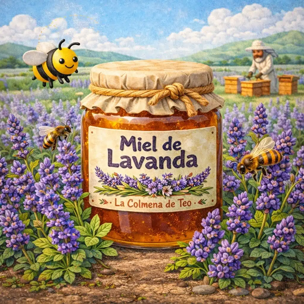 miel de lavanda cruda con flores de lavanda ilustracion plastilina la colmena de teo