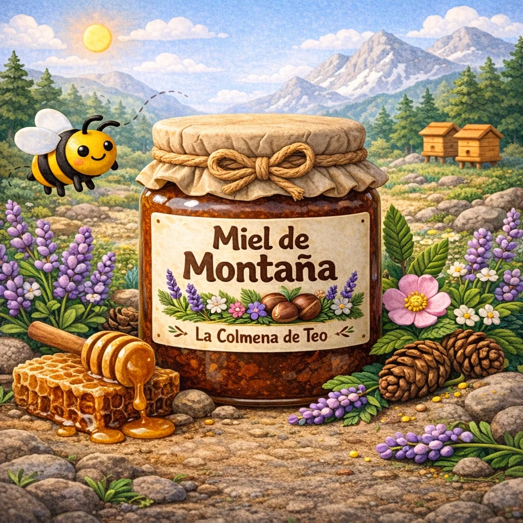 miel de montaña cruda con flores silvestres y paisaje de montaña ilustracion plastilina la colmena de teo