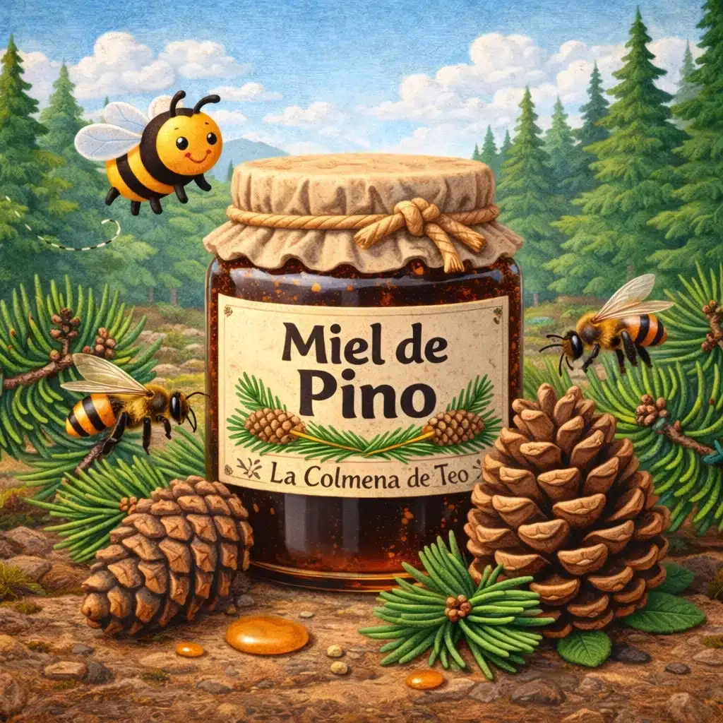 miel de pino cruda mielato con piñas y ramas de pino ilustracion plastilina la colmena de teo