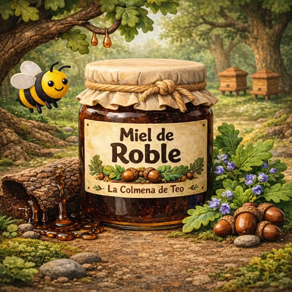 miel de roble cruda con bellotas y hojas de roble ilustracion plastilina la colmena de teo