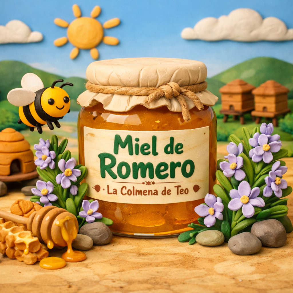 Miel de romero cruda con flores de romero ilustración estilo plastilina La Colmena de Teo
