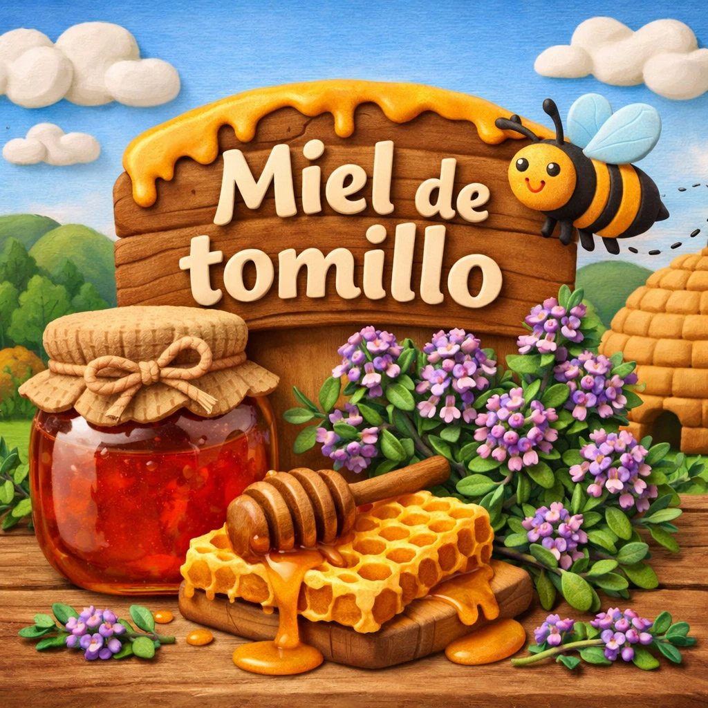 Miel de tomillo cruda con flores de tomillo y panal ilustración estilo plastilina La Colmena de Teo