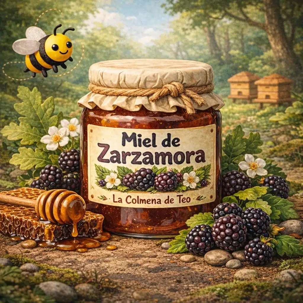 miel de zarzamora cruda con moras y flores de zarza ilustracion plastilina la colmena de teo